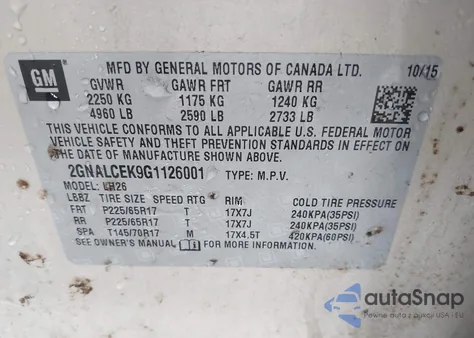 2016 Chevrolet Equinox Lt from USA, damaged, VIN 2GNALCEK9G1126001